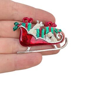 Vintage Santa Sleigh with Christmas Gifts Brooch Pin